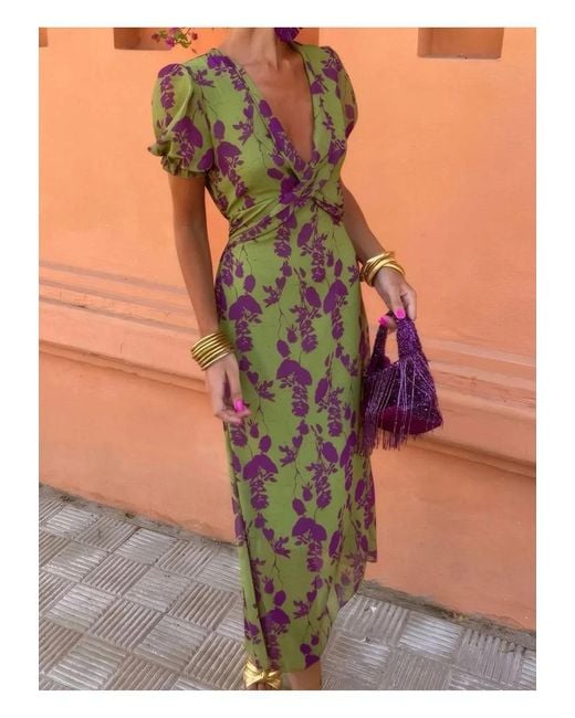 Everyday the Label Green Printed Plunge Short Sleeve Midi Dress