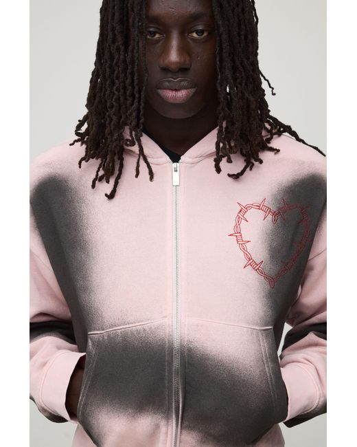 BoohooMAN Pink Shrunken Fit Dirty Wash Gothic Heart Zip Through Hoodie for men
