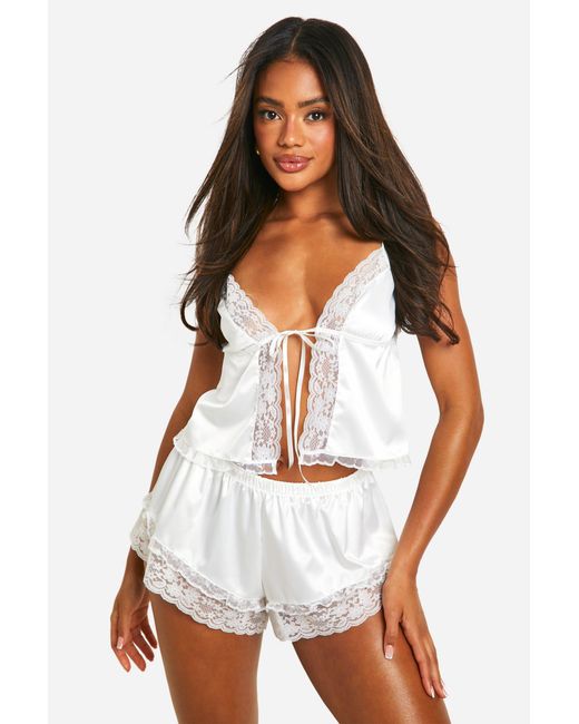 Boohoo White Premium Bridal Lace Trim Cami And Short Set
