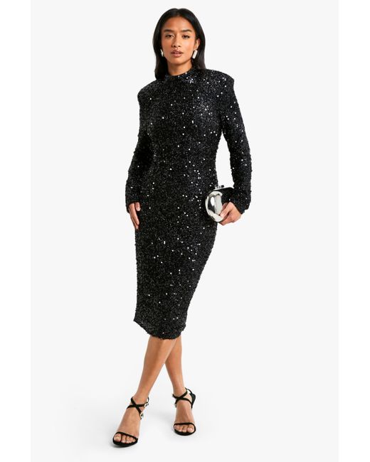 Boohoo Black Petite Sequin Shoulder Pad Backless Midi Dress