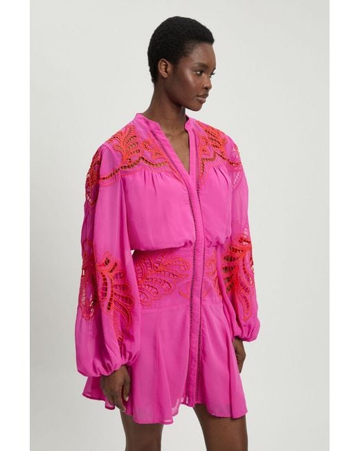 Karen Millen Pink Cutwork Beaded Embroidered Woven Mini Dress