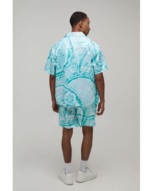 BoohooMAN Blue Oversized Short Sleeve Water Print Satin Shirt & Set for men