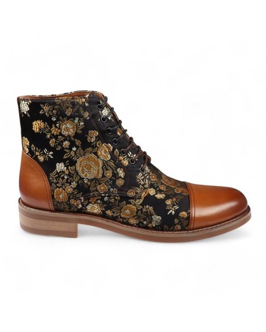 Justin Reess Brown Floral Print Leather Oxford Ankle Boots for men