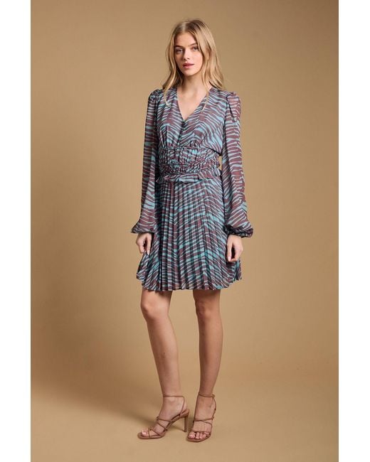 Oasis Blue Printed Pleated Skirt Long Sleeve Mini Dress