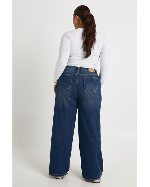 Boohoo Blue Plus High Waist Crossover Waistband Wide Leg Jean