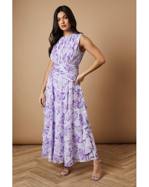 Oasis Purple Floral Waist Detail Ruffle Maxi Dress