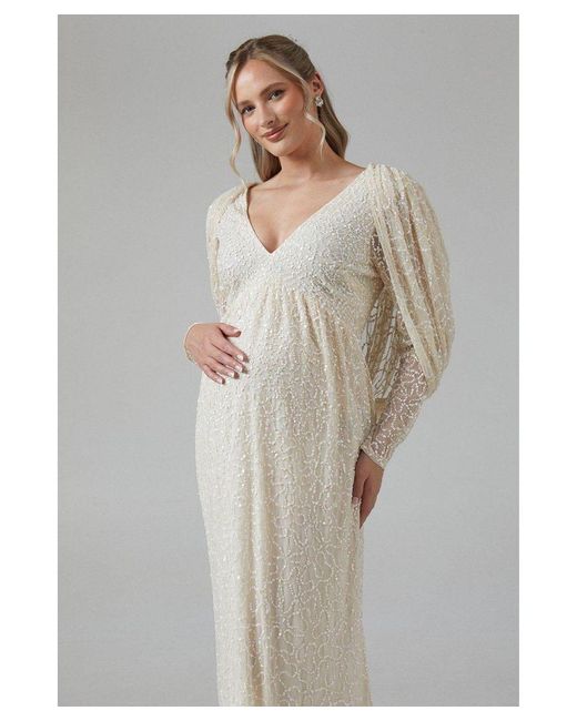 Coast White Maternity Cowl Back Long Sleeve Embellished Wedding Dress