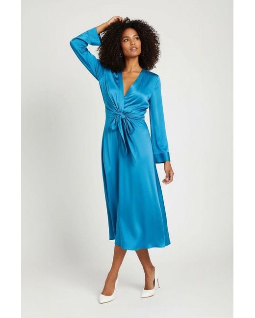 River Island Blue Silky Long Sleeve Knot Front Dress