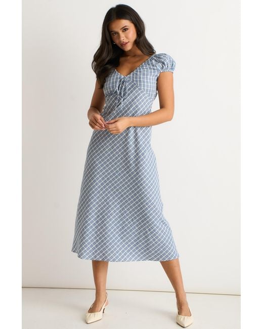Gini London Blue V Neck Textured Gingham Midi Dress