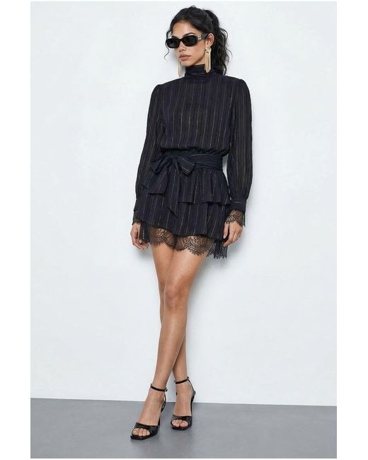 Bianco Lucci Black Textured Mini Dress With Half Turtleneck And Lace Detail
