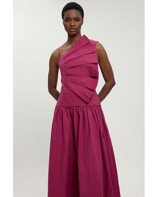 Karen Millen Pink Cotton Poplin 3D Pleat Detail Woven Midi Dress
