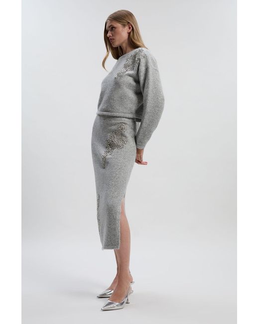 Karen Millen Gray Wool Blend Embellished Cosy Pencil Midi Skirt