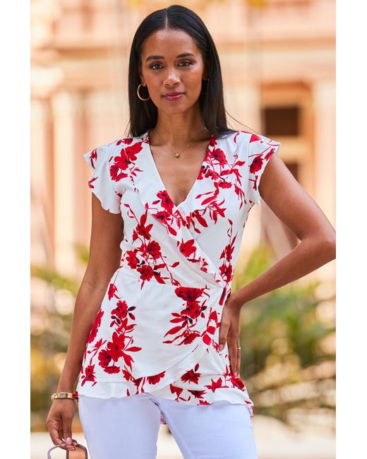 Sosandar Multicolor Ivory & Print Ruffle Faux Wrap Top Denim