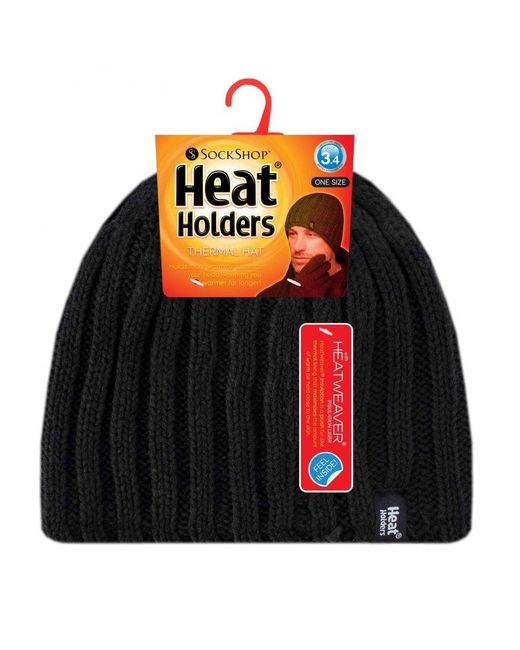 Heat Holders Black Fleece Lined Ribbed Winter Hat for men