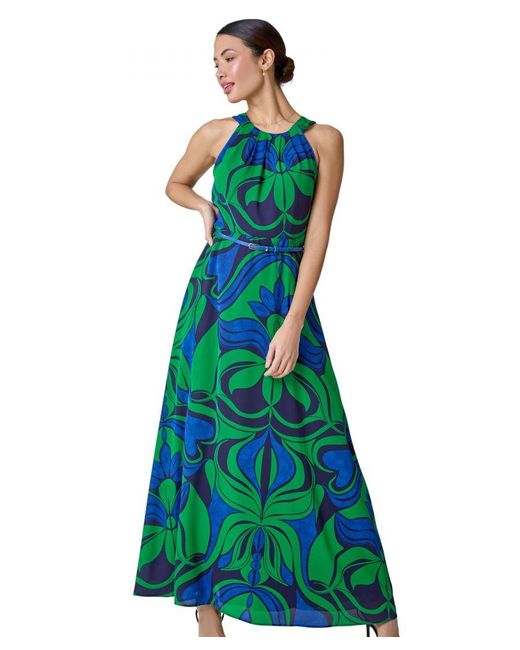 Roman Green Abstract Print Halter Neck Maxi Dress