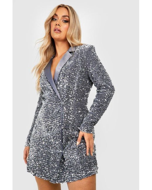 Boohoo Blue Plus Velvet Sequin Wrap Blazer Dress