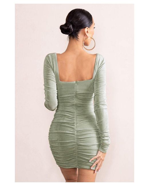 Club L London Long Shot Sage Square Neck Ruched Mini Dress With Sleeves in  Green | Lyst UK