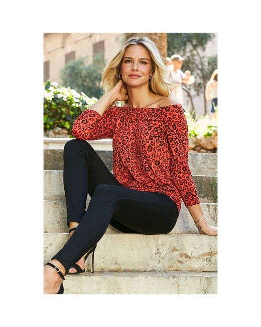 Sosandar Red Print Bardot Jersey Top Viscose