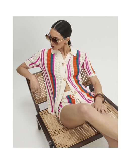 River Island Natural Striped Crochet Shirt Cotton
