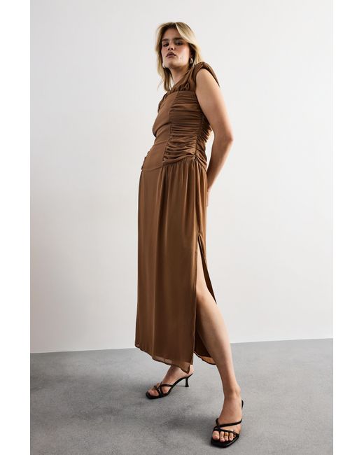 Warehouse Brown Ruched Waist Sleeveless Shoulder Pad Detail Maxi Dress