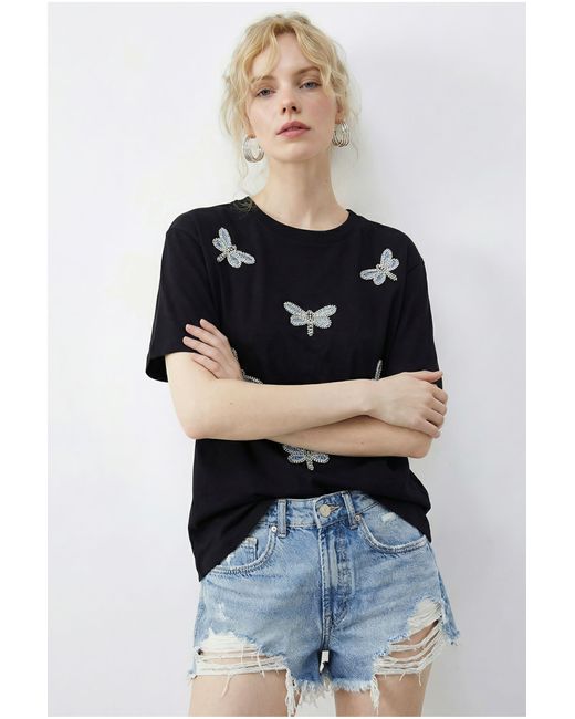Bianco Lucci Black Embroidered Crew Neck Relaxed Fit T-Shirt