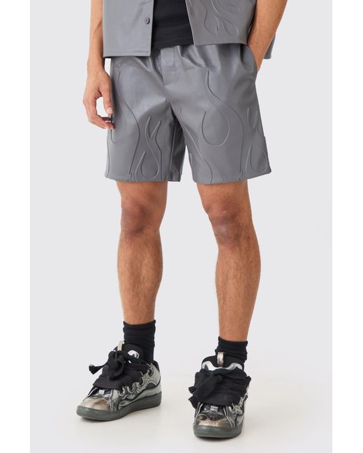 BoohooMAN Gray Elastic Waist Relaxed Flame Embossed Pu Short for men