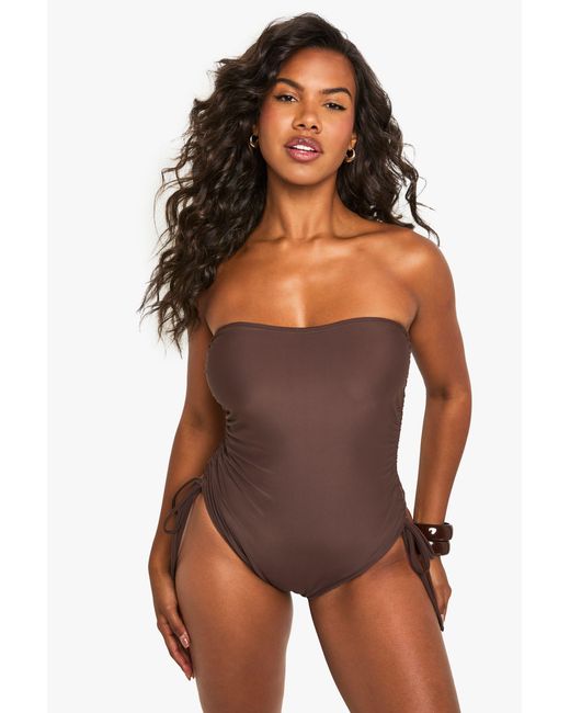 Boohoo Purple Petite Swimwear Essentials Ruched Bathing Suit