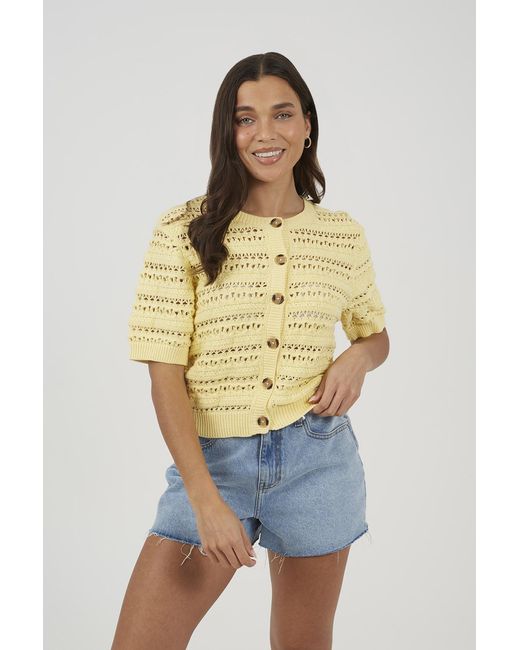 Brave Soul Yellow Short Sleeve Pointelle Knit Crew Neck Cardigan
