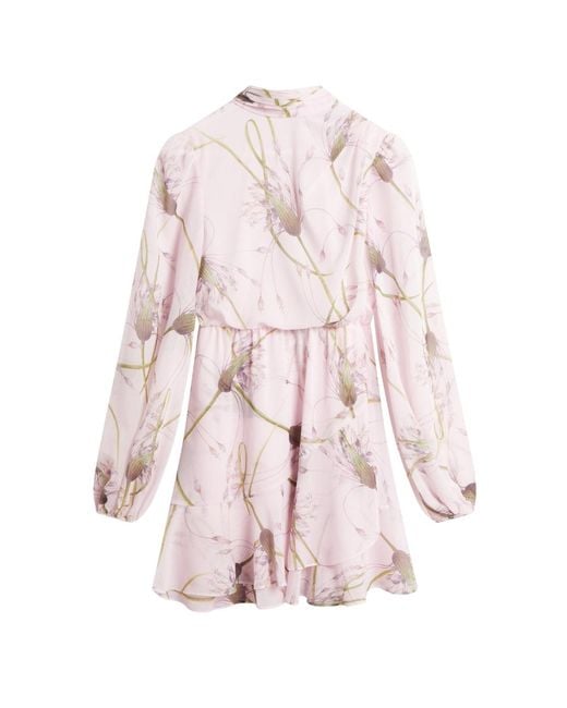 Ted Baker Pink Arakas Printed Long Sleeve Neck Tie Light Dress