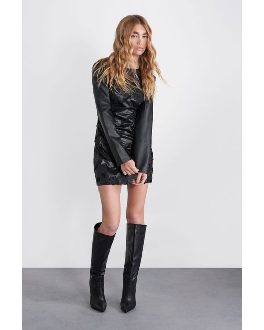 MissPap Black Embroidered Pu Mini Dress