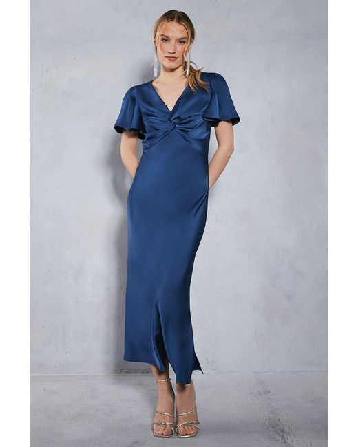 Oasis Blue Satin Twist Front Angel Sleeve Midi Bridesmaids Dress