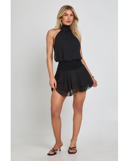 Boohoo Black Textured Chiffon Ruched Waist Halterneck Mini Dress