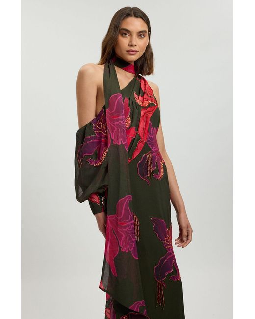 Karen Millen Black Embellished One Shoulder Printed Maxi Dress