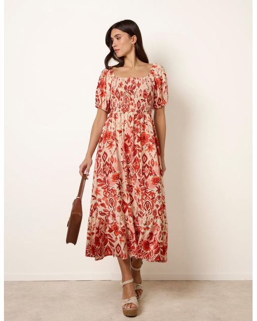 Blue Vanilla Pink Watercolour Floral Shirred Puff Sleeve Midi Dress