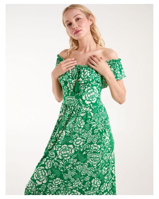 Blue Vanilla Green Off The Shoulder Hanky Hem Midi Dress
