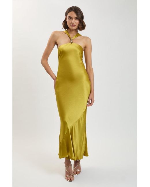 Karen Millen Yellow Petite Viscose Satin Halter Neck Maxi Dress