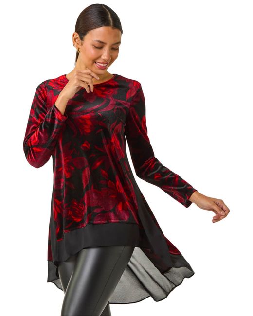 Roman Red Velvet Rose Print Chiffon Hem Top