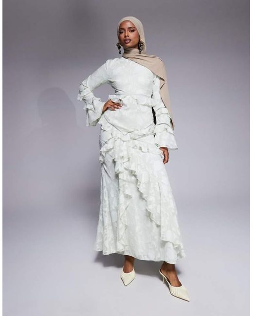 ASOS Green Jacquard Ruffle Long Sleeve Maxi Dress