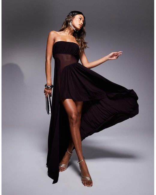 ASOS Purple High-Low Ruched Bandeau Maxi Dress With Mesh Panels