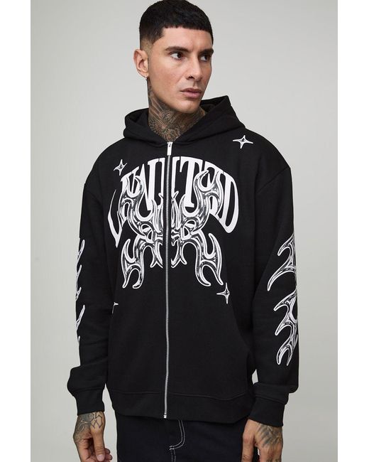 BoohooMAN Black Tall Oversized Zip Through Limited Graphic Hoodie for men