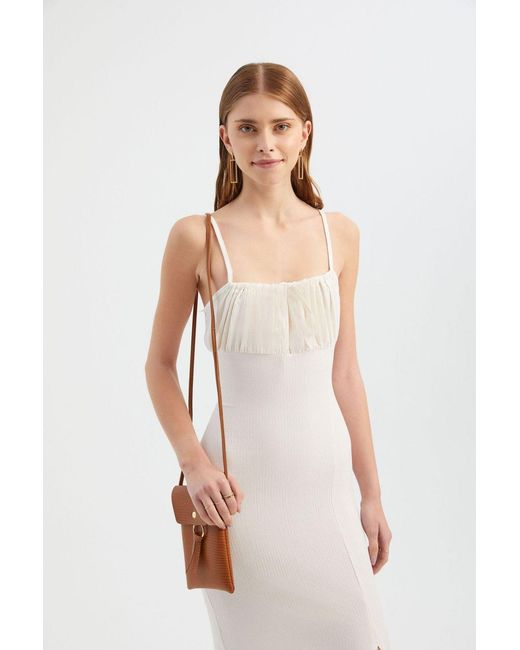 Hiccup White Smocked Square Neck Spaghetti Strap Tie Front Midi Dress With A Side Slit
