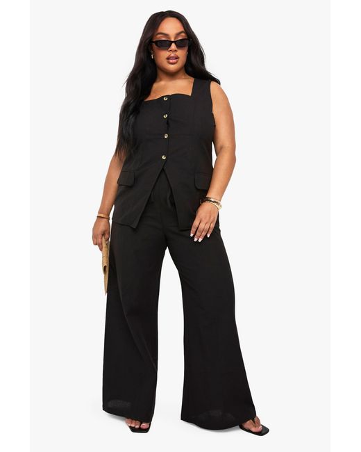 Boohoo Black Plus Linen Look Square Neck Waistcoat And Tailored Wide Leg Trouser Co-Ord