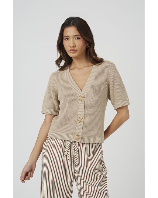 Brave Soul Natural Short Sleeve Knitted Cardigan With Starfish Buttons
