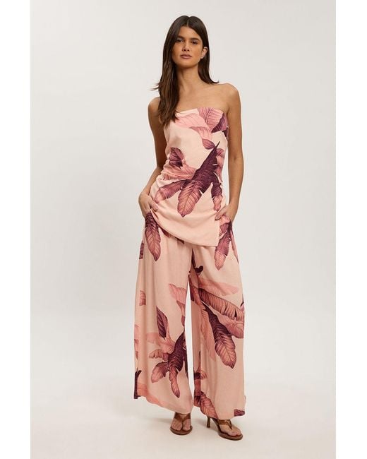 Karen Millen Pink Petite Viscose Linen Palm Print Bandeau Top
