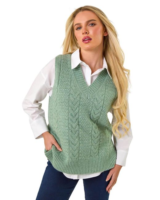Roman Green Petite V-Neck Cable Knit Sleeveless Vest