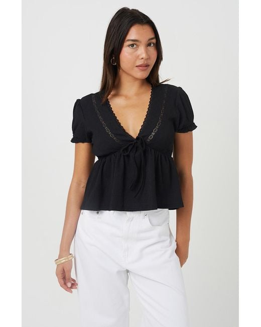 Brave Soul Black Bow Detail V-Neck Short Sleeve Top