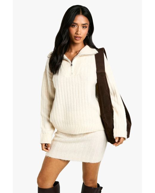 Boohoo Natural Petite Soft Knit Thick Rib Zip Neck Oversized Jumper And Mini Skirt Set