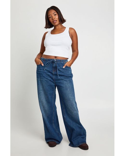 Boohoo Blue Plus Tie Waist Channel Insert Wide Leg Jean