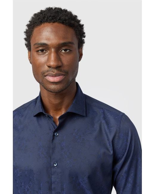Alexandre Silver Label Blue Long Sleeve Cutaway Collar Floral Tailored Formal Shirt for men