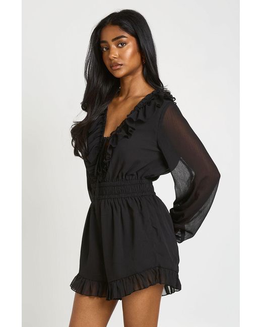 Boohoo Black Ruffle Detail Textured Chiffon Playsuit